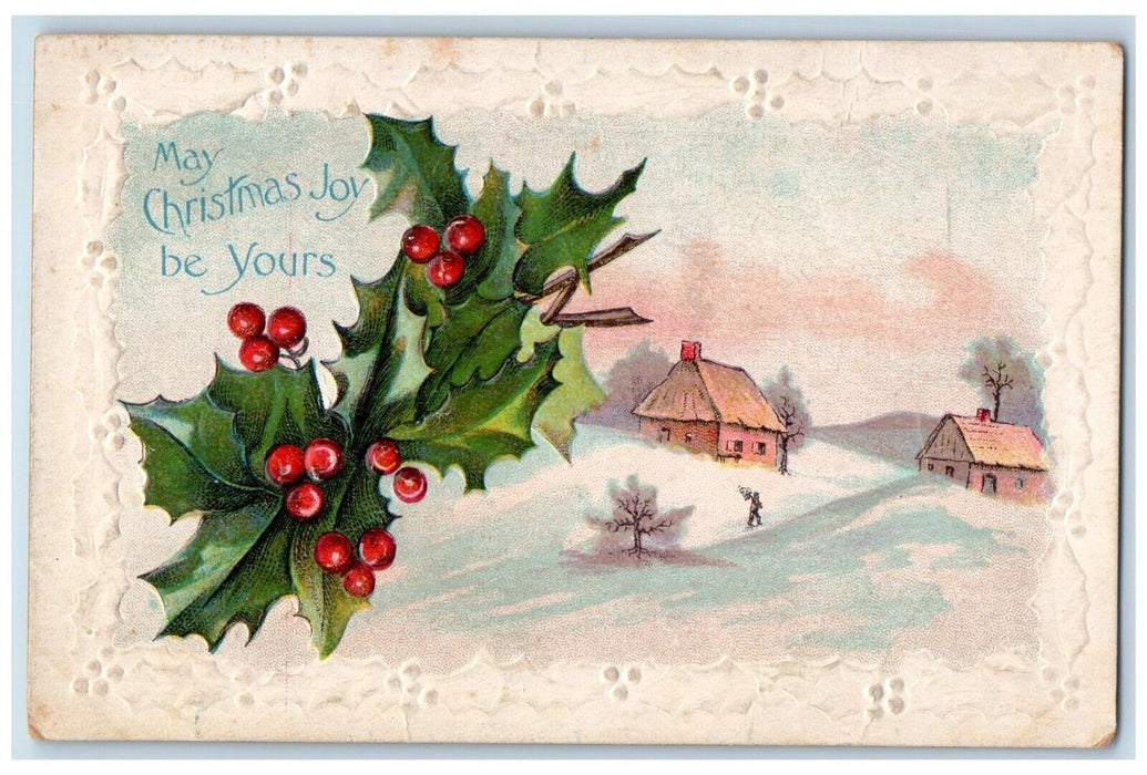 c1910's Christmas Holly Berries Winter Snow Embossed Posted Antique Postcard