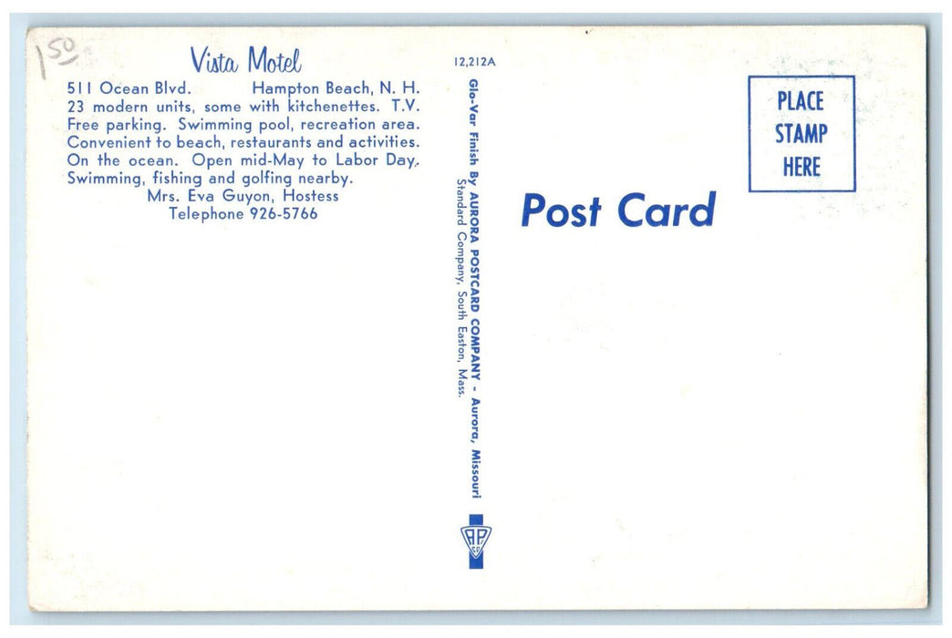 c1950's Vista Motel 511 Ocean Boulevard Hampton Beach New Hampshire NH Postcard