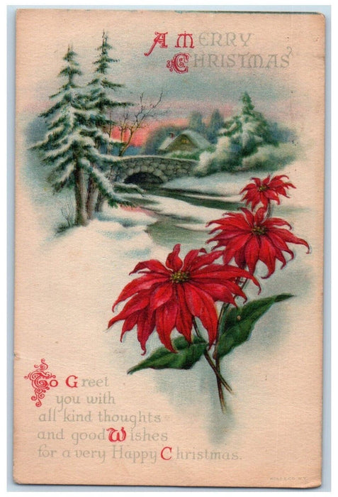 1919 Christmas Pointessia Flowers Pine Trees Winter Snow Bridge Wolf Co Postcard