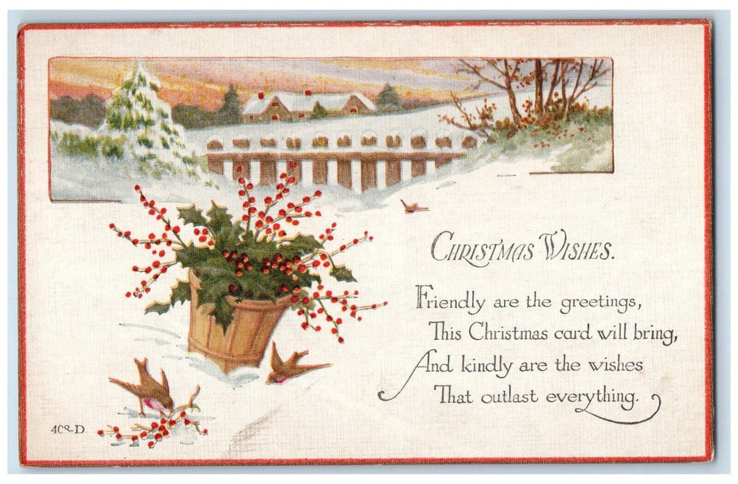 1921 Christmas Greetings Holly Berries In Basket Winter Snow Birds Postcard