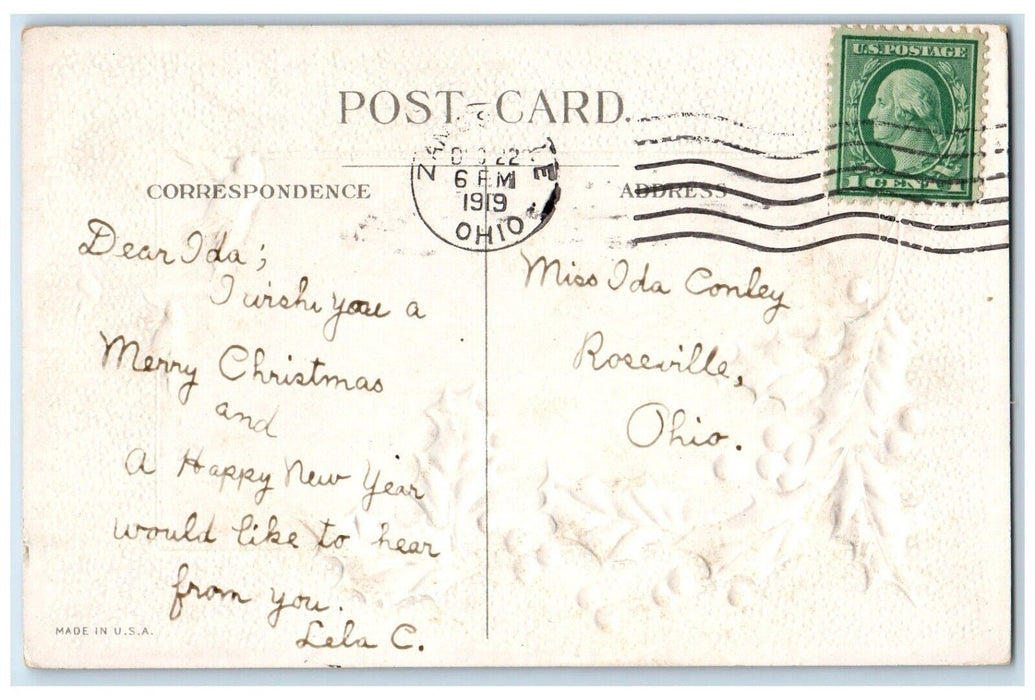 1919 Christmas Holly Berries Birds Winter Snow House Embossed Antique Postcard