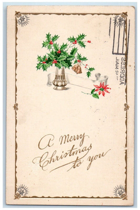 1922 Christmas Holly Berries Vase Bells Pointessia Flowers Winsch BackPostcard