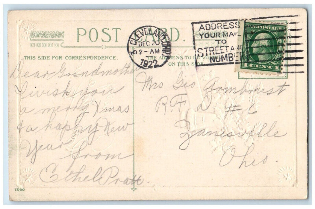 1922 Christmas Holly Berries Vase Bells Pointessia Flowers Winsch BackPostcard
