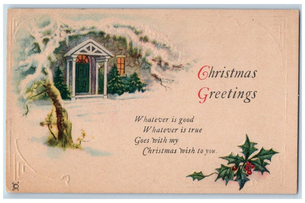 1923 Christmas Greetings Holly Winter Snow House Embossed Zanesville OH Postcard
