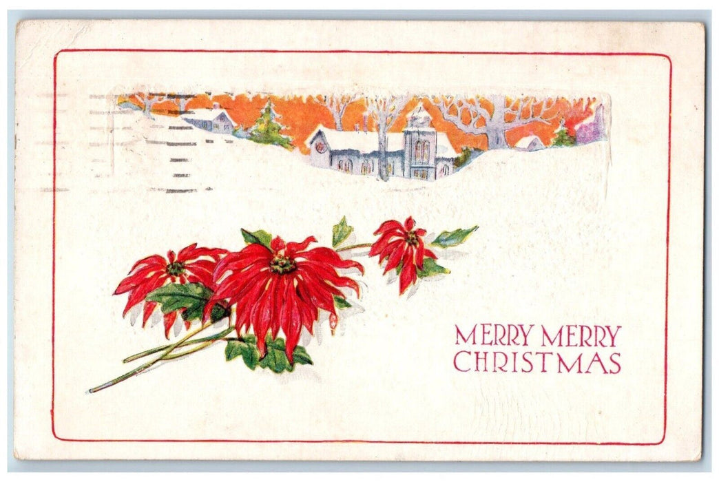 1923 Christmas Pointessia Flowers Winter Snow House Embossed Antique Postcard