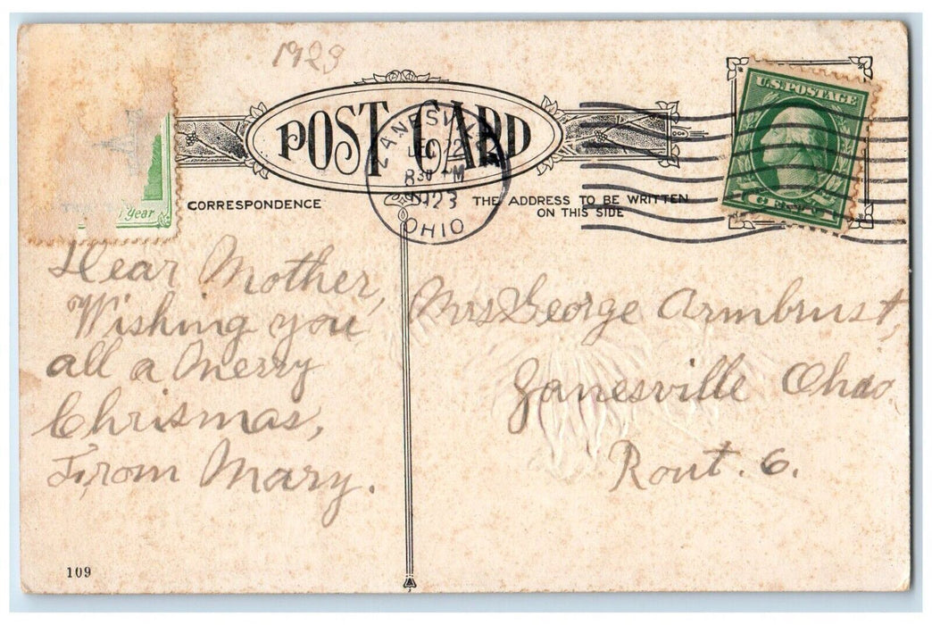 1923 Christmas Pointessia Flowers Winter Snow House Embossed Antique Postcard