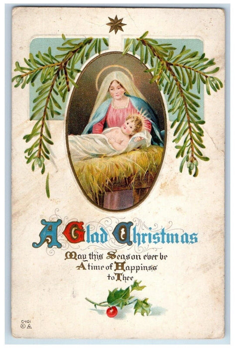 1914 Christmas Holly Baby Jesus And Mary Religious Embossed Antique Postcard