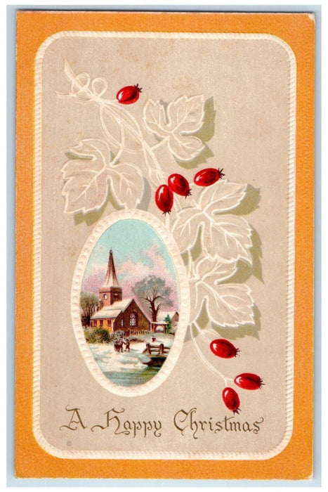 c1910's Christmas Ivy Winter Snow House River Embossed Posted Antique Postcard