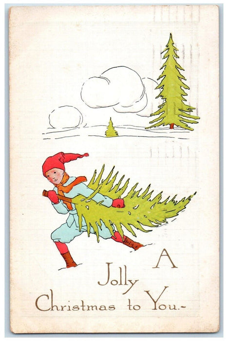 1915 Christmas Boy Carrying Pine Tree Embossed Elgin Illinois IL Postcard
