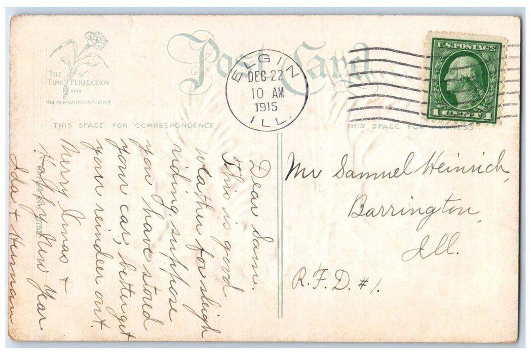1915 Christmas Boy Carrying Pine Tree Embossed Elgin Illinois IL Postcard