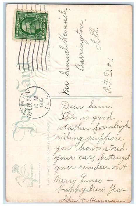 1915 Christmas Boy Carrying Pine Tree Embossed Elgin Illinois IL Postcard