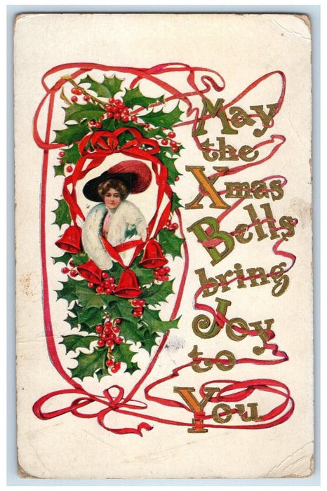 1913 Christmas Pretty Girl Holly Bells Red Ribbon Chicago Illinois IL Postcard