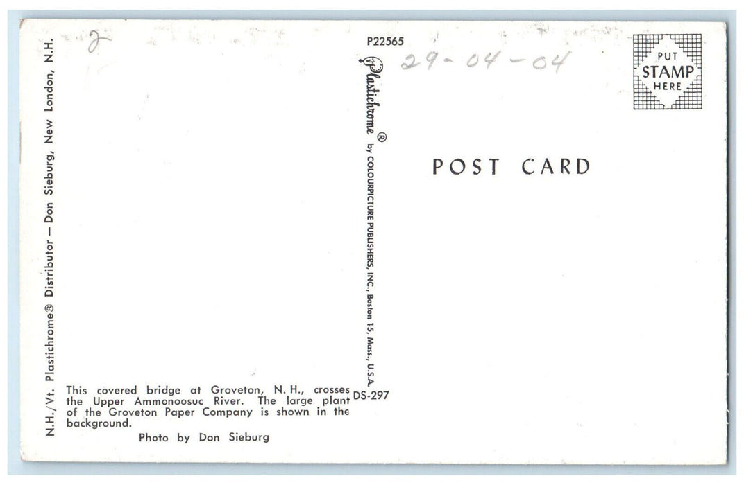c1960's Upper Amonoosuc River Covered Bridge Groveton New Hampshire NH Postcard