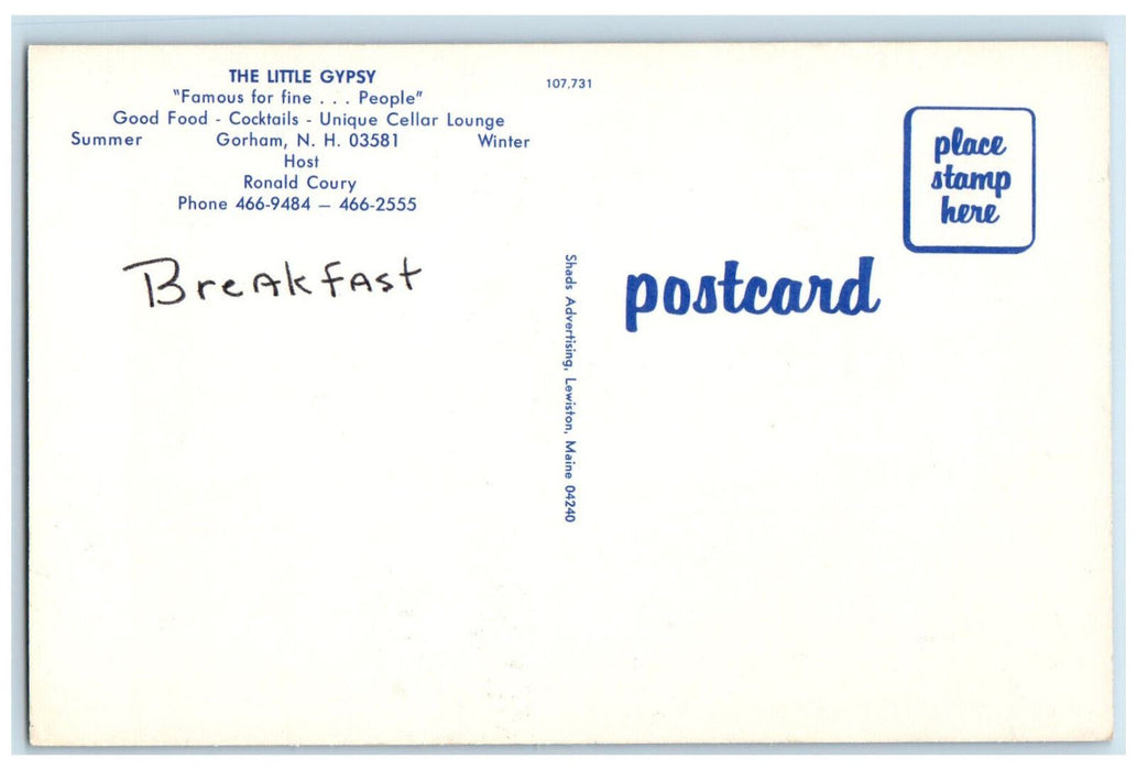 c1960's The little Gypsy Dining Area Gorham New Hampshire NH Postcard