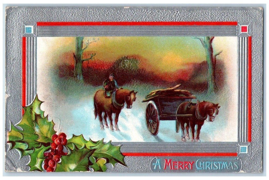 1909 Christmas Boy Riding Horses And Wagon Holly Berries Embossed Postcard