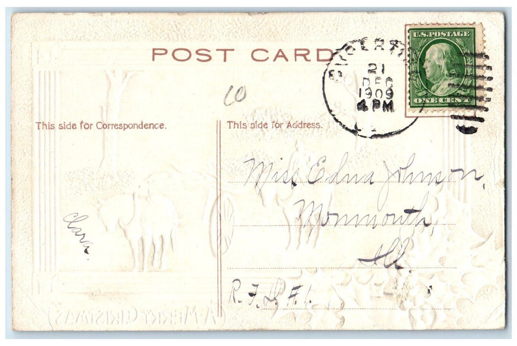 1909 Christmas Boy Riding Horses And Wagon Holly Berries Embossed Postcard