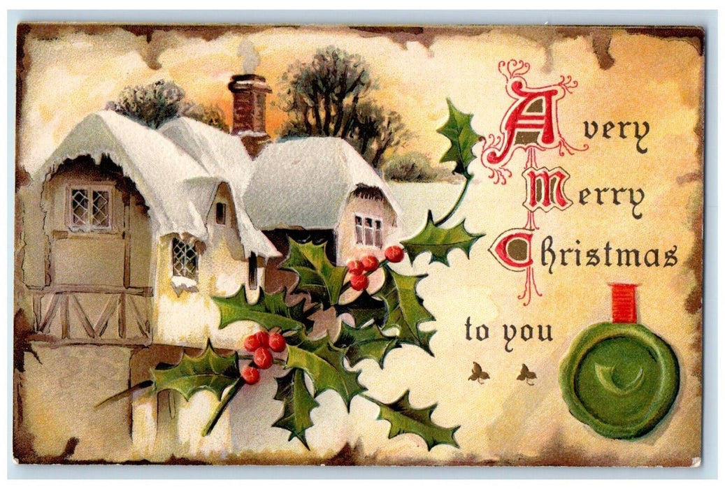 c1910's Christmas Holly Berries House Chimney Winter Snow Embossed Postcard