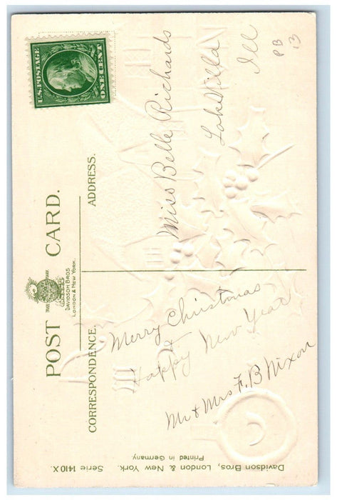 c1910's Christmas Holly Berries House Chimney Winter Snow Embossed Postcard