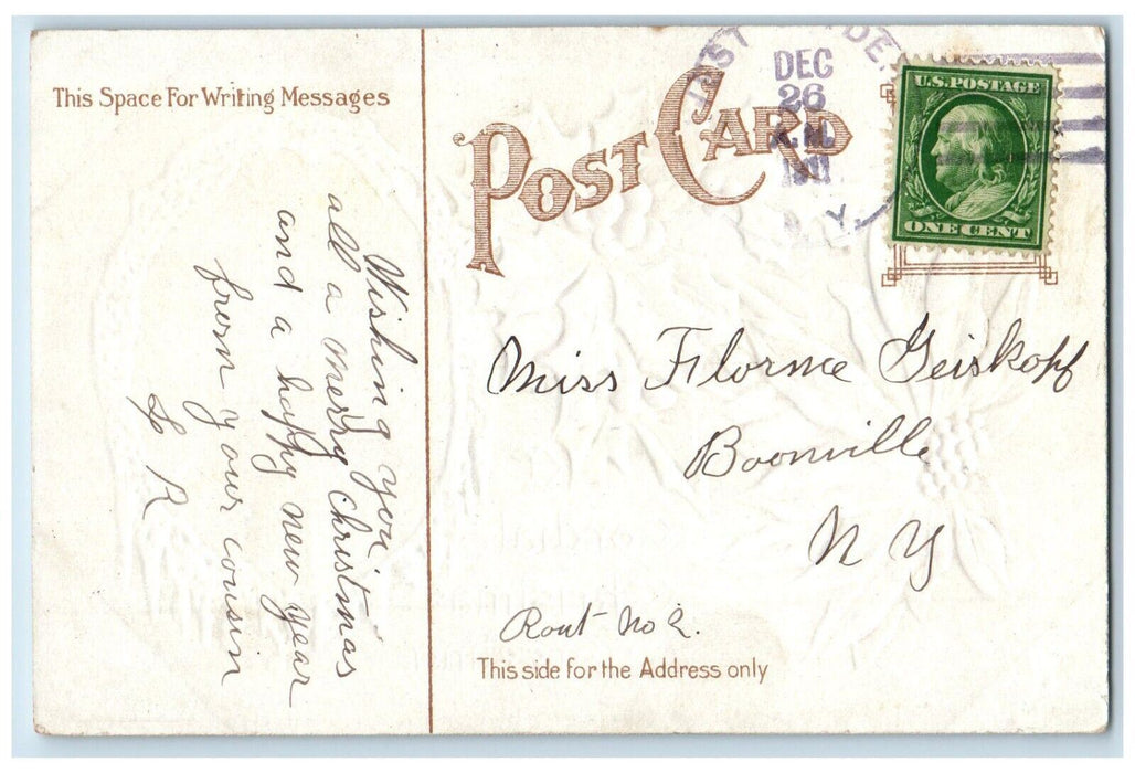 1911 Christmas Greetings Pointessia Flowers Winter Snow Embossed Postcard