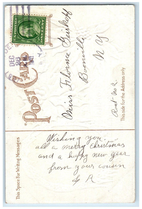 1911 Christmas Greetings Pointessia Flowers Winter Snow Embossed Postcard