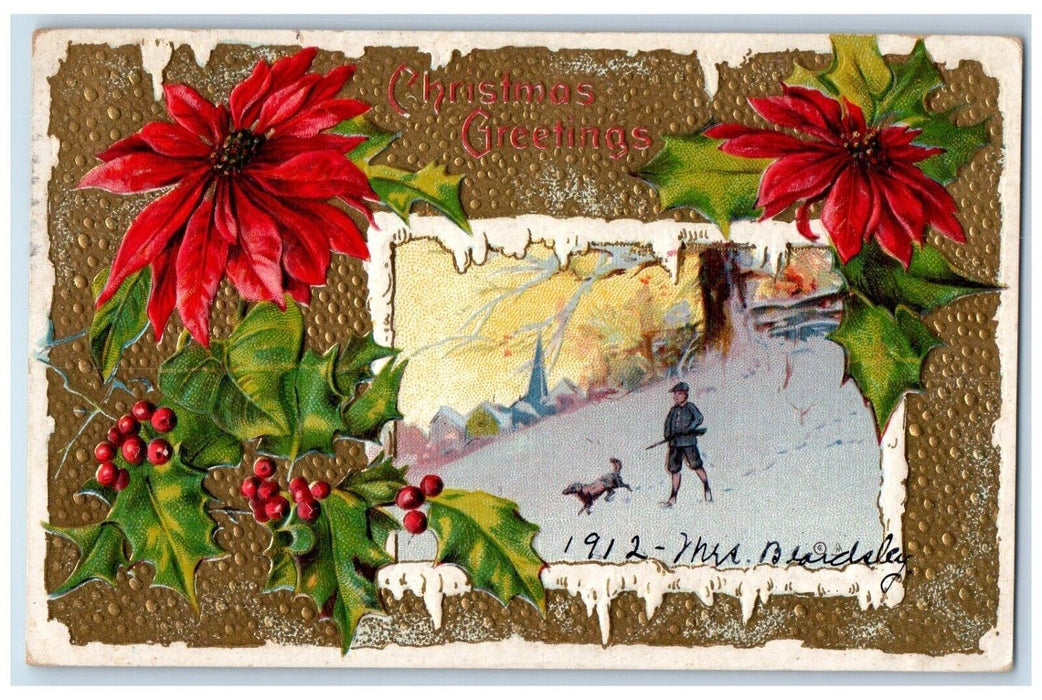 1912 Christmas Greetings Pointessia Flowers Dog Hunting Embossed Posted Postcard