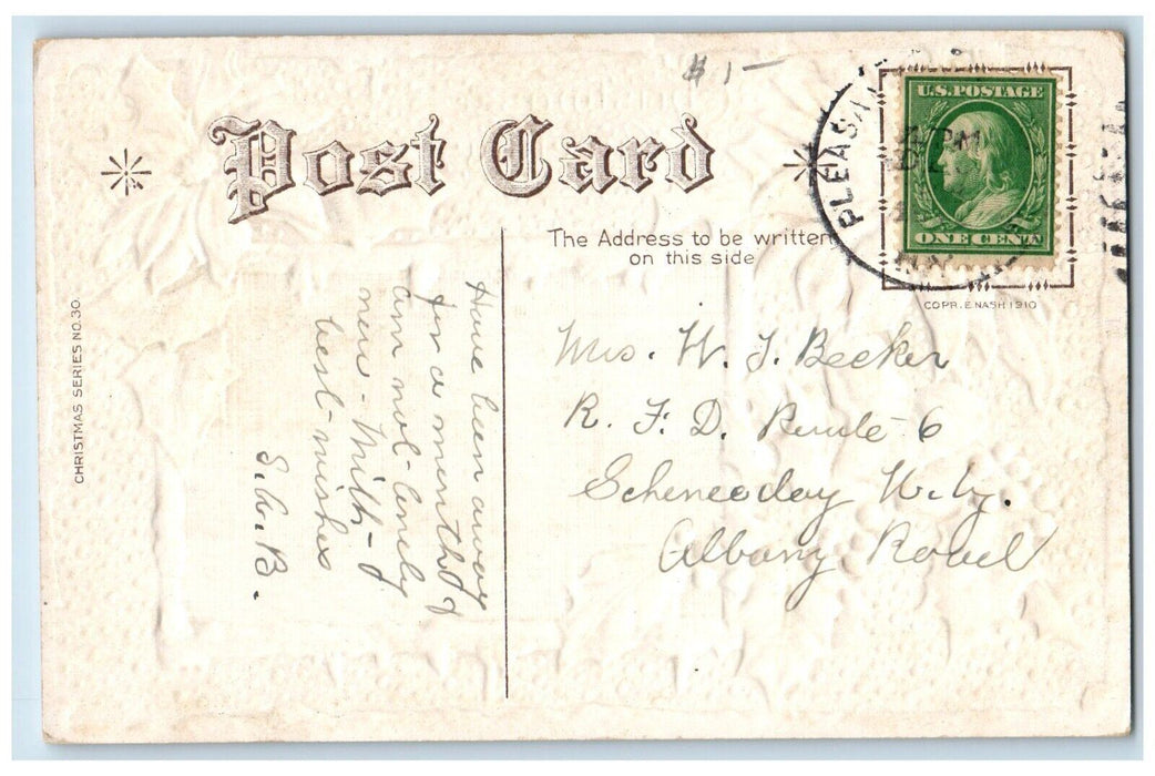1912 Christmas Greetings Pointessia Flowers Dog Hunting Embossed Posted Postcard