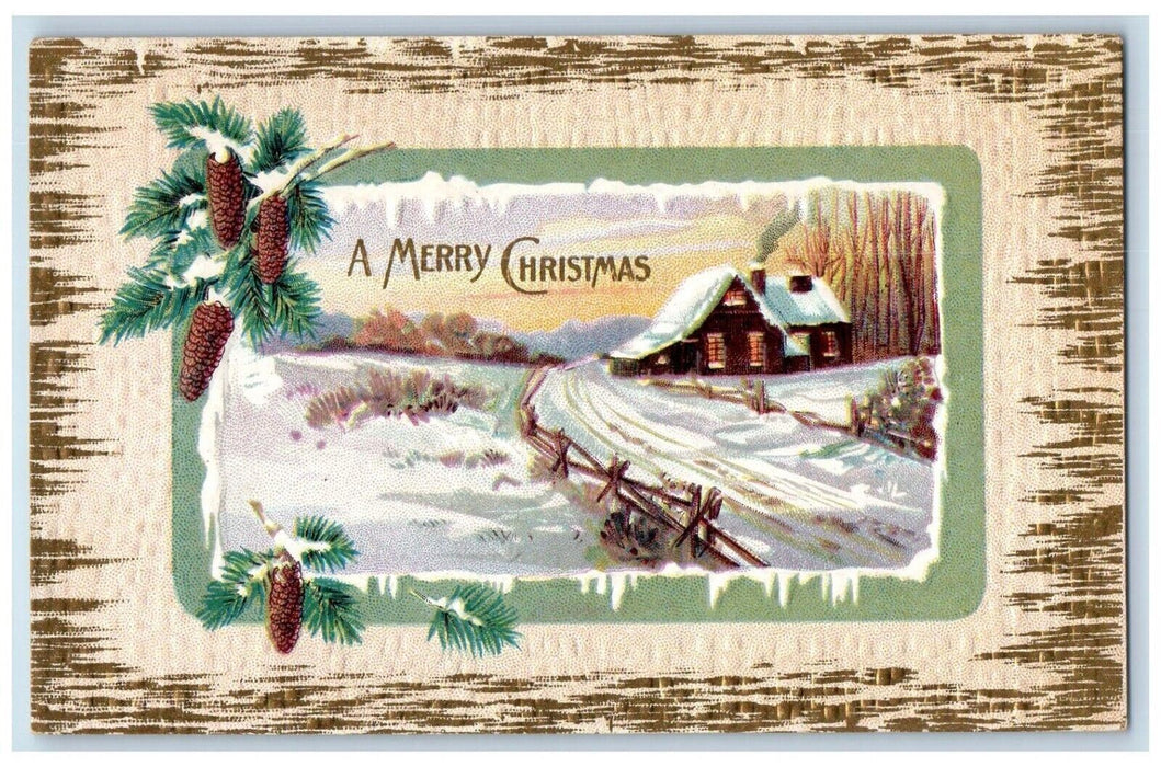 c1910's Christmas Pine Cone Winter Snow House Embossed Winsch Back Postcard