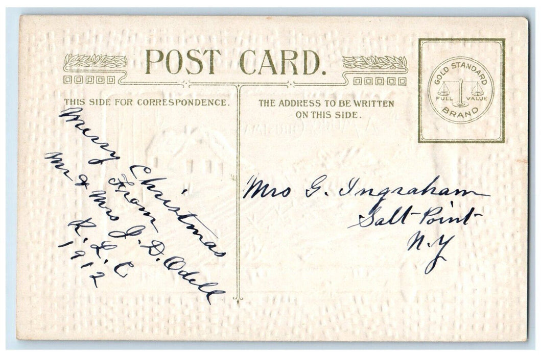 c1910's Christmas Pine Cone Winter Snow House Embossed Winsch Back Postcard