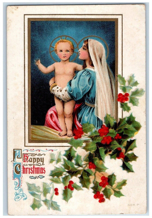 1909 Christmas Holly Berries Religious Embossed Posted Antique Postcard
