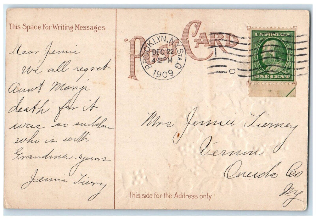 1909 Christmas Holly Berries Religious Embossed Posted Antique Postcard
