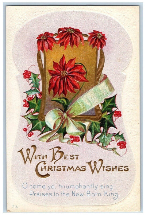 c1910's Christmas Pointessia Flowers Holly Ribbon Embossed Antique Postcard