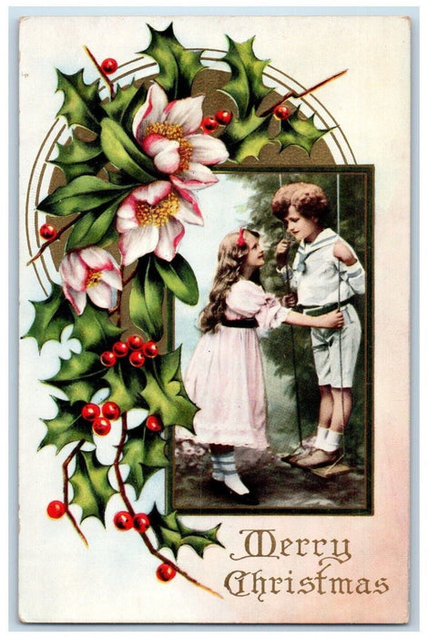 c1910's Christmas Pink Flowers Holly Berries Embossed Posted Antique Postcard