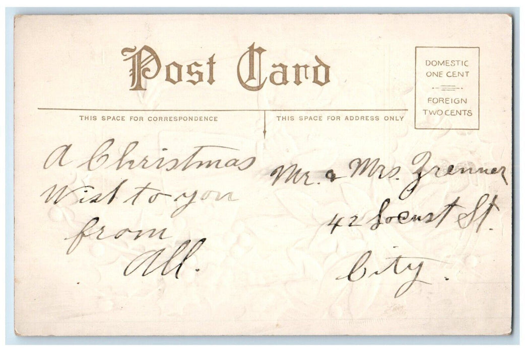 c1910's Christmas Pink Flowers Holly Berries Embossed Posted Antique Postcard