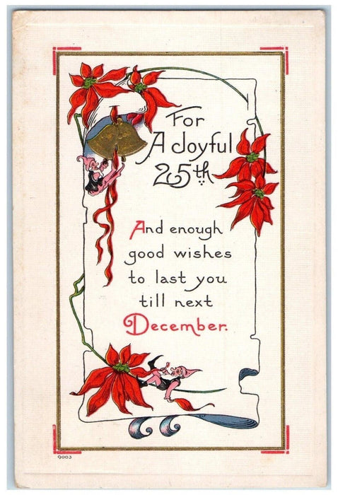 1914 Christmas Pointessia Flowers Bells Elves Embossed Posted Antique Postcard