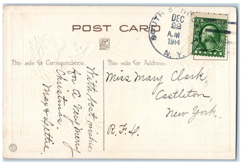1914 Christmas Pointessia Flowers Bells Elves Embossed Posted Antique Postcard