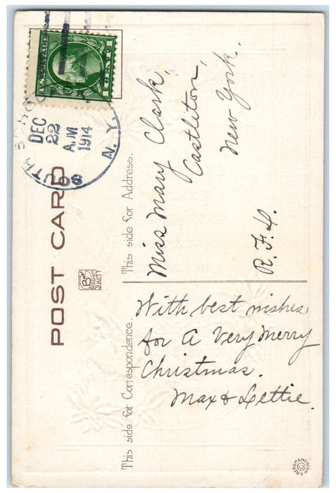 1914 Christmas Pointessia Flowers Bells Elves Embossed Posted Antique Postcard
