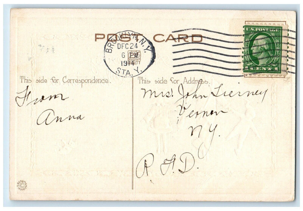 1914 Christmas Mother And Childrens Ice Skating Dog Embossed Antique Postcard