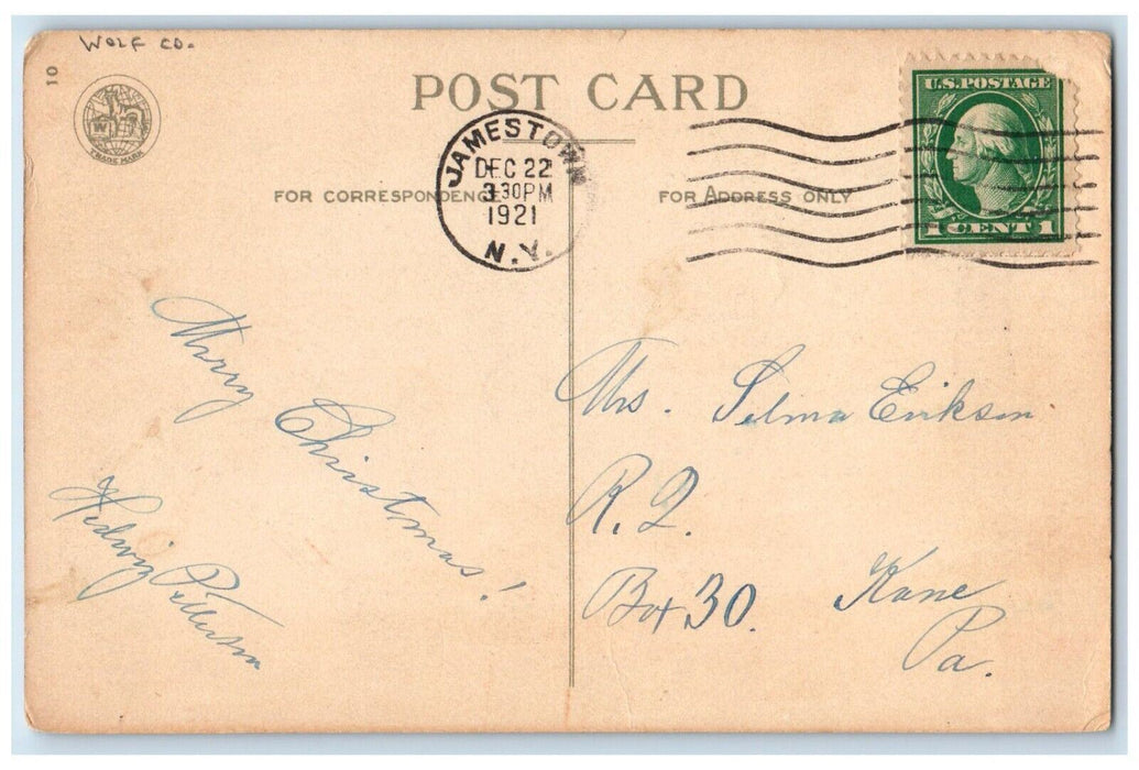 1921 Christmas Greetings Holly Pond Winter Snow Wolf Co. Antique Postcard