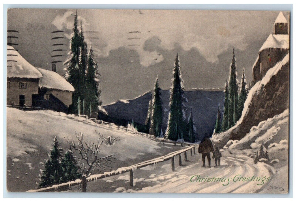 1917 Christmas Greetings Father And Son Winter Snow Pine Trees Antique Postcard