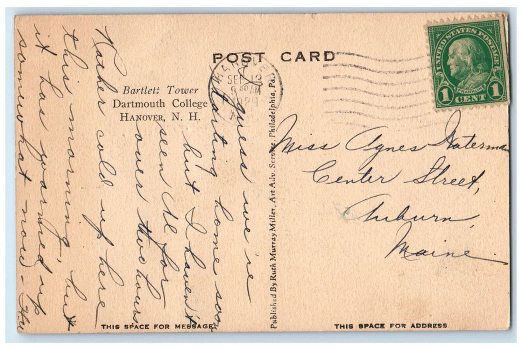 1929 Bartlett Tower Dartmouth College Hanover New Hampshire NH Postcard