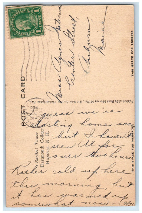 1929 Bartlett Tower Dartmouth College Hanover New Hampshire NH Postcard