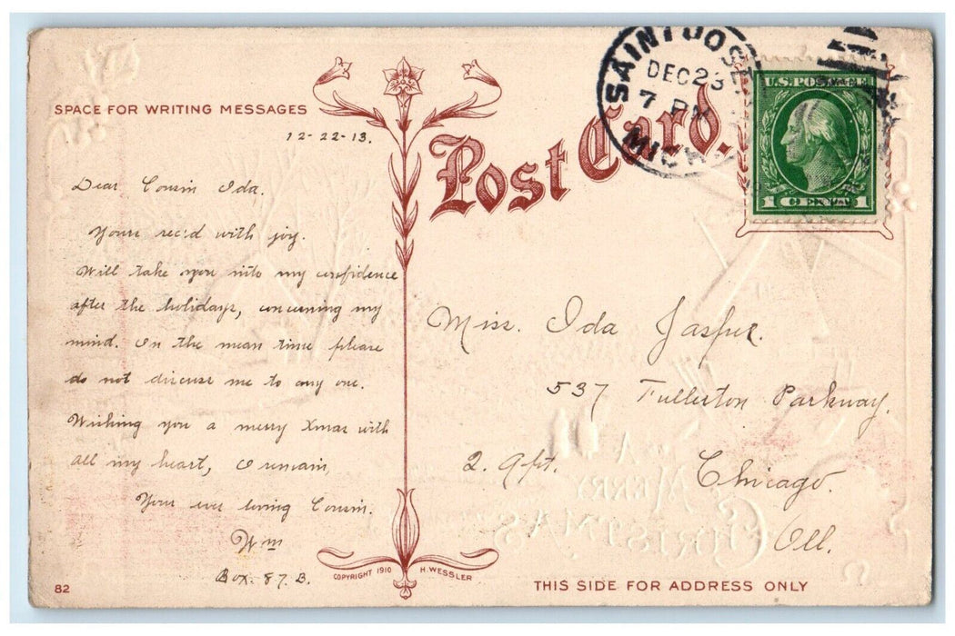 1913 Christmas Windmill Winter Snow House Holly Berries St. Joseph MI Postcard