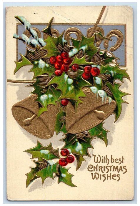 c1910's Christmas Holly Bells Winter Snow Embossed St. Joseph MI Posted Postcard