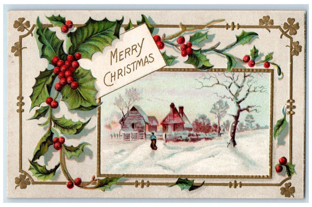 c1910's Christmas Holly Berries Winter Snow Winsch Back Embossed Postcard