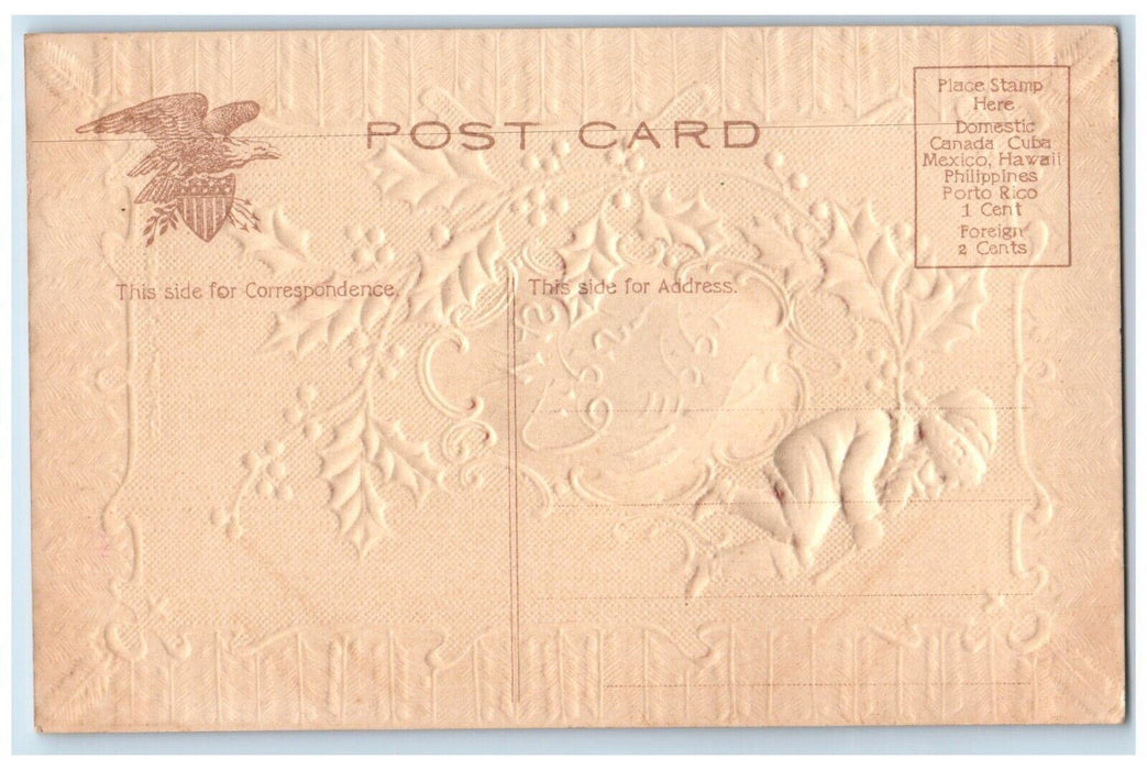c1910's Christmas Santa Claus Holly Berries Airbrushed Embossed Antique Postcard