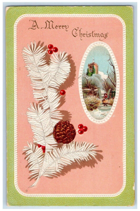 c1910's Christmas Pine Cone Winter Snow Tower Clock Embossed Antique Postcard