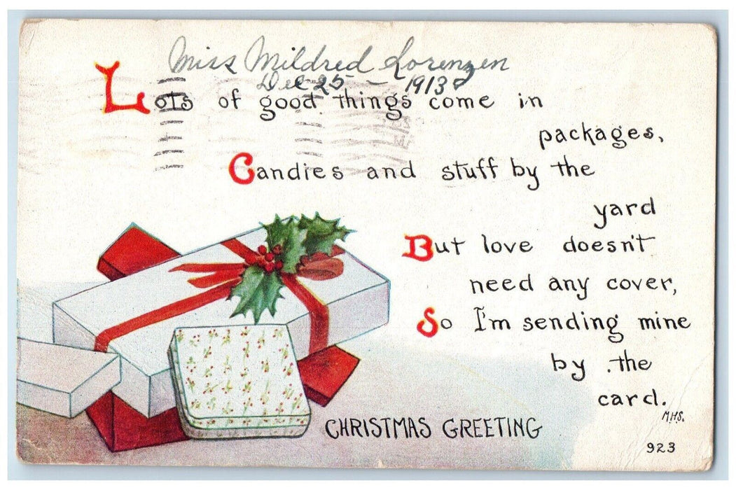 1913 Christmas Greetings Holly Presents Gift Chicago Illinois IL Posted Postcard