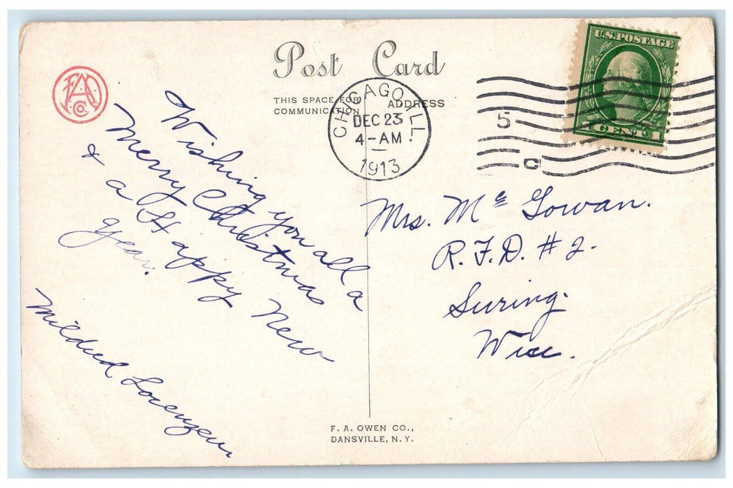 1913 Christmas Greetings Holly Presents Gift Chicago Illinois IL Posted Postcard
