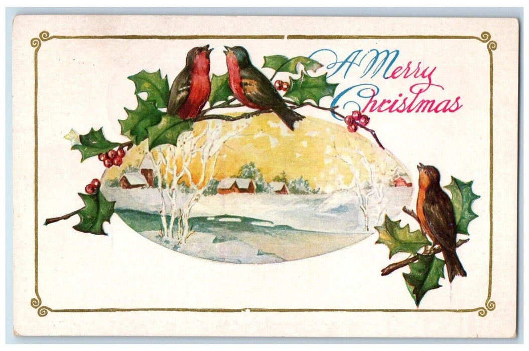 1926 Christmas Song Birds Holly Berries Winter Snow Embossed Antique Postcard