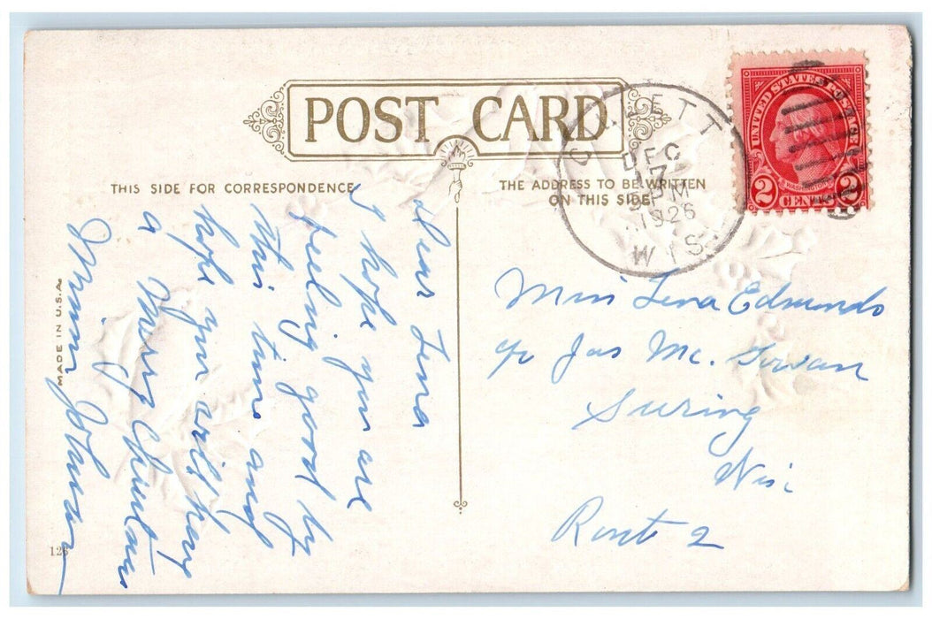 1926 Christmas Song Birds Holly Berries Winter Snow Embossed Antique Postcard